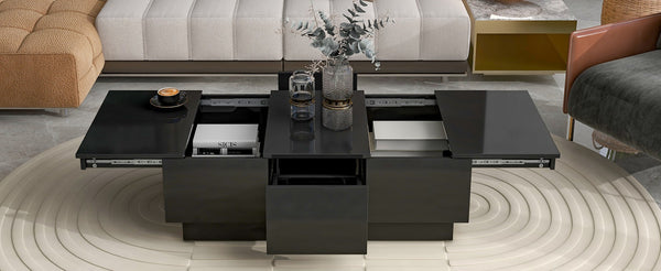 English Elm High-gloss Extendable Coffee Table with Hidden Compartments and Drawers Black WF303591AAB