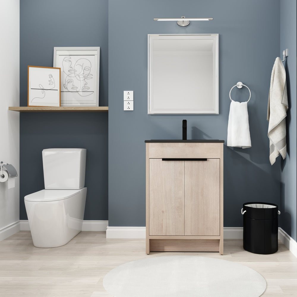 English Elm 24 Inch Freestanding Bathroom Vanity with Black Ceramic Sink, Soft-Close Doors, Plywood Base, Durable Finish (Modern) W999S00078