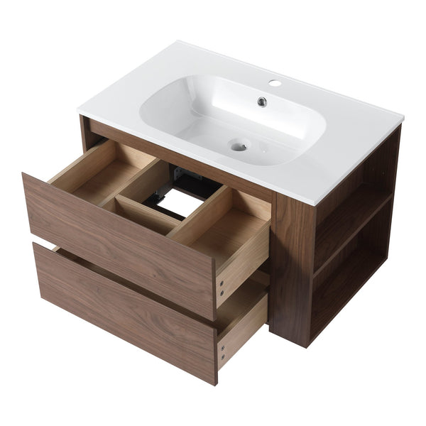 English Elm 30" Wall Mounting Bathroom Vanity Gel Sink with Soft-Close Drawers, Side Shelf, Scratch-Resist Finish Brown Oak W999102535