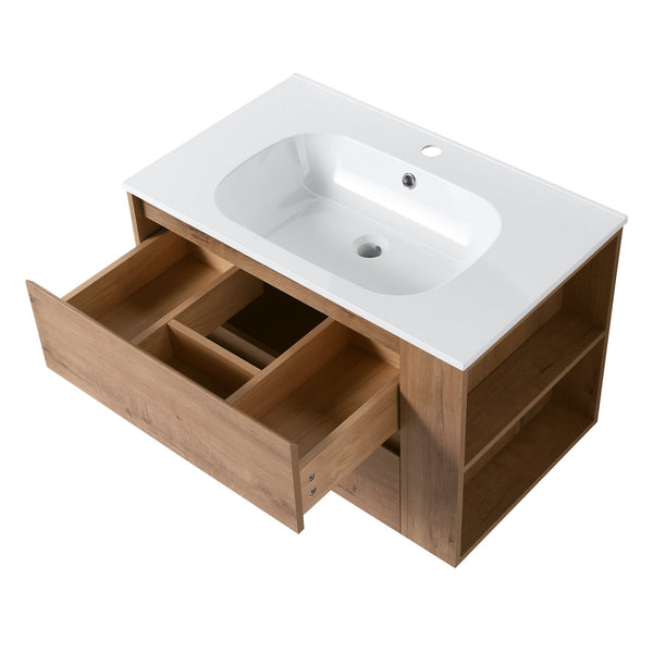 English Elm 30" Wall Mounting Bathroom Vanity Gel Sink with Soft-Close Drawers, Side Shelf, Scratch-Resist Finish Imitative Oak W999102534