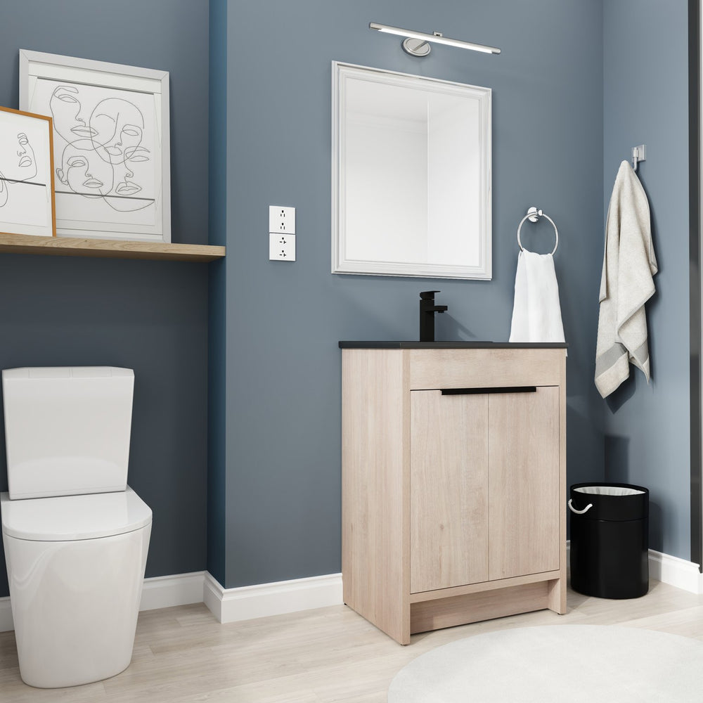 English Elm 24 Inch Freestanding Bathroom Vanity with Black Ceramic Sink, Soft-Close Doors, Plywood Base, Durable Finish (Modern) W999S00078