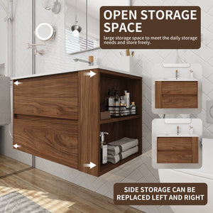 English Elm 30" Wall Mounting Bathroom Vanity Gel Sink with Soft-Close Drawers, Side Shelf, Scratch-Resist Finish Brown Oak W999102535
