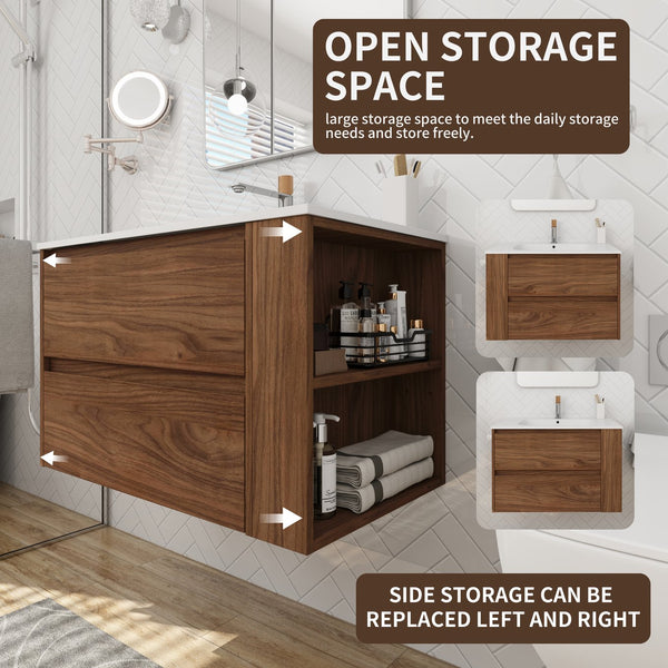 English Elm 30" Wall Mounting Bathroom Vanity Gel Sink with Soft-Close Drawers, Side Shelf, Scratch-Resist Finish Brown Oak W999102535