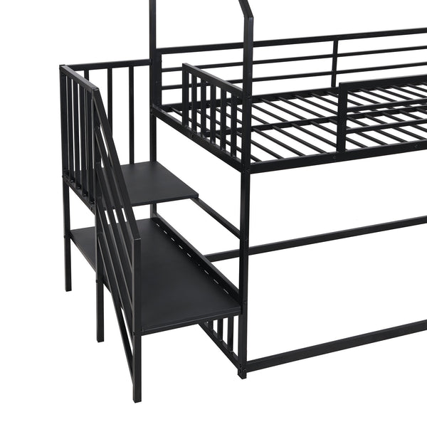 English Elm Twin Metal Bunk Bed House with Slide & Staircase, Black — Space-Saving Twin Loft, Sturdy Metal/MDF Fun Room GX001117AAB
