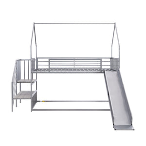 English Elm Twin Twin over Twin Metal Bunk Bed House with Slide & Stairs, Silver — Space-Saving Playful Modern Loft GX001117AAN