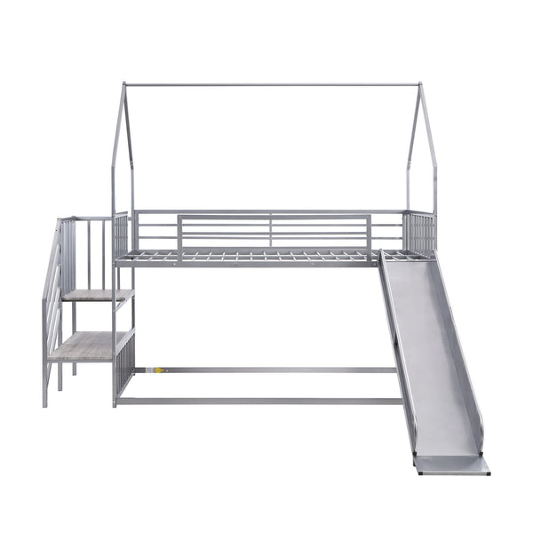English Elm Twin Twin over Twin Metal Bunk Bed House with Slide & Stairs, Silver — Space-Saving Playful Modern Loft GX001117AAN