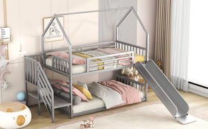 English Elm Twin Twin over Twin Metal Bunk Bed House with Slide & Stairs, Silver — Space-Saving Playful Modern Loft GX001117AAN