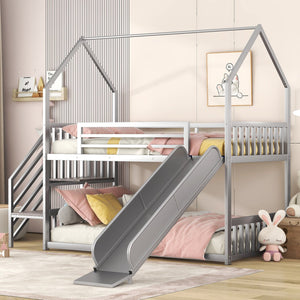 English Elm Twin Twin over Twin Metal Bunk Bed House with Slide & Stairs, Silver — Space-Saving Playful Modern Loft GX001117AAN