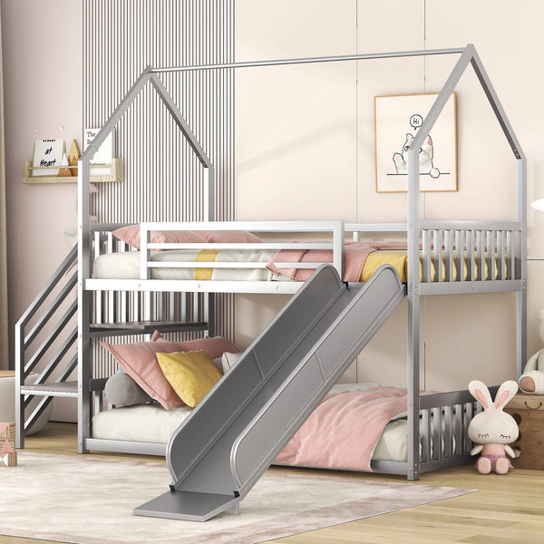 English Elm Twin Twin over Twin Metal Bunk Bed House with Slide & Stairs, Silver — Space-Saving Playful Modern Loft GX001117AAN