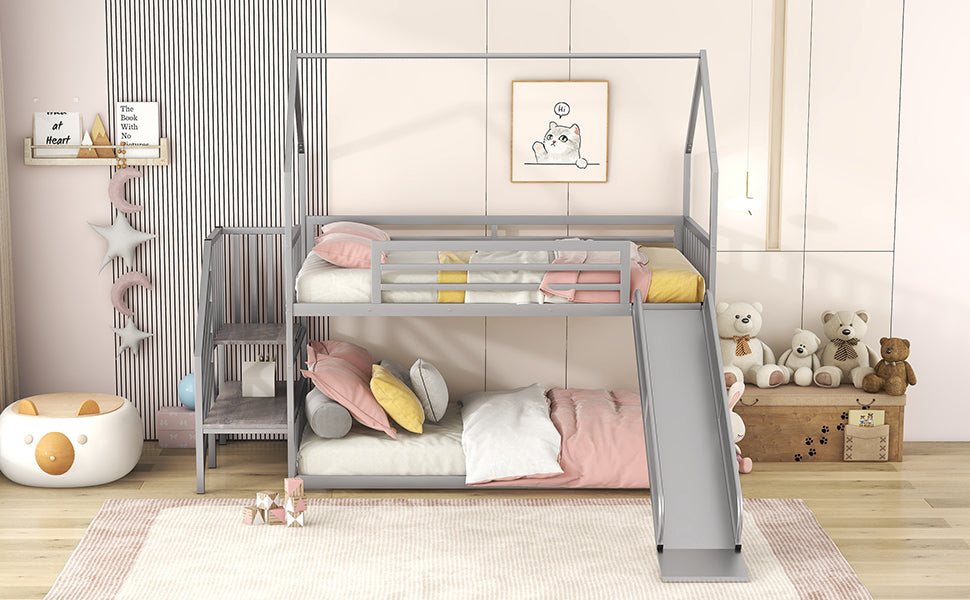English Elm Twin Twin over Twin Metal Bunk Bed House with Slide & Stairs, Silver — Space-Saving Playful Modern Loft GX001117AAN