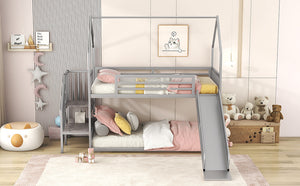 English Elm Twin Twin over Twin Metal Bunk Bed House with Slide & Stairs, Silver — Space-Saving Playful Modern Loft GX001117AAN