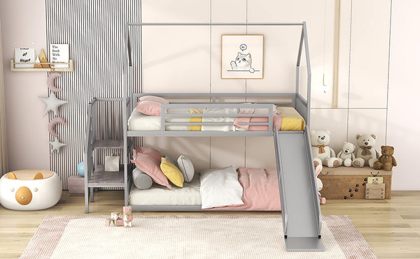 English Elm Twin Twin over Twin Metal Bunk Bed House with Slide & Stairs, Silver — Space-Saving Playful Modern Loft GX001117AAN