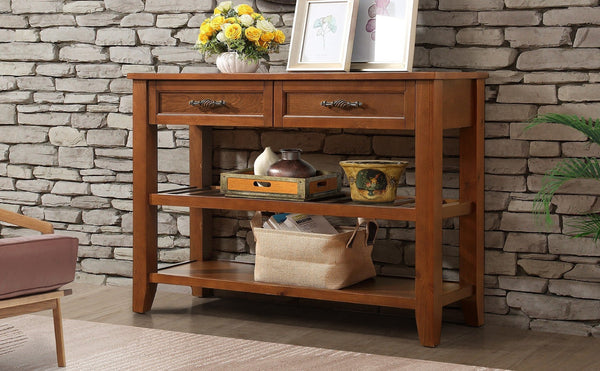English Elm Console Sofa Table Solid Wood Distressed Finish Two Drawers Open Shelves Entryway Brown W1202P360979