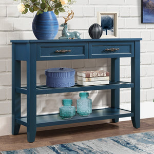 English Elm Console Sofa Table Solid Wood Distressed Finish Two Drawers Open Shelves Entryway Navy Blue W1202P360978