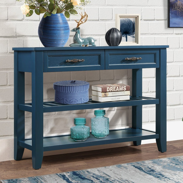 English Elm Console Sofa Table Solid Wood Distressed Finish Two Drawers Open Shelves Entryway Navy Blue W1202P360978