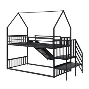 English Elm Twin Metal Bunk Bed House with Slide & Staircase, Black — Space-Saving Twin Loft, Sturdy Metal/MDF Fun Room GX001117AAB