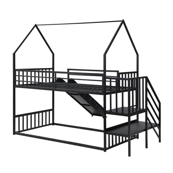 English Elm Twin Metal Bunk Bed House with Slide & Staircase, Black — Space-Saving Twin Loft, Sturdy Metal/MDF Fun Room GX001117AAB