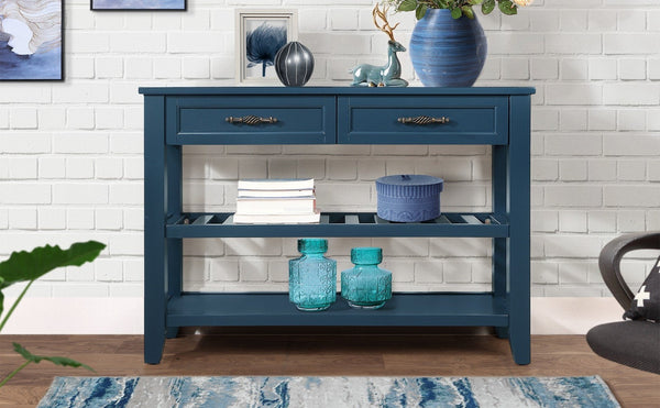 English Elm Console Sofa Table Solid Wood Distressed Finish Two Drawers Open Shelves Entryway Navy Blue W1202P360978