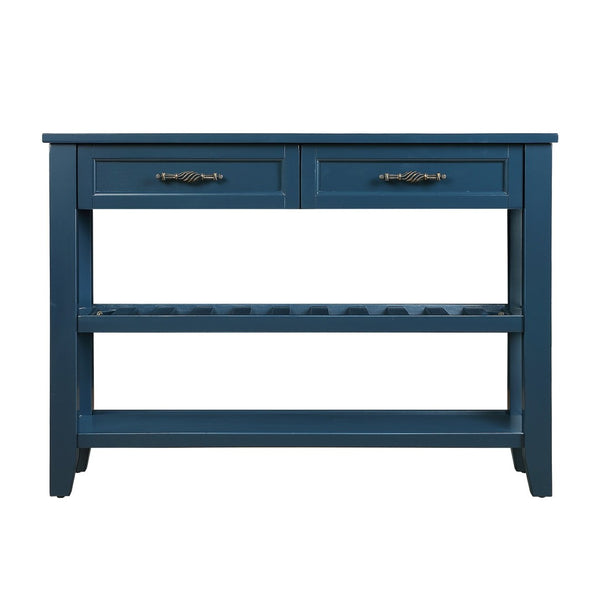 English Elm Console Sofa Table Solid Wood Distressed Finish Two Drawers Open Shelves Entryway Navy Blue W1202P360978