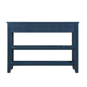 English Elm Console Sofa Table Solid Wood Distressed Finish Two Drawers Open Shelves Entryway Navy Blue W1202P360978
