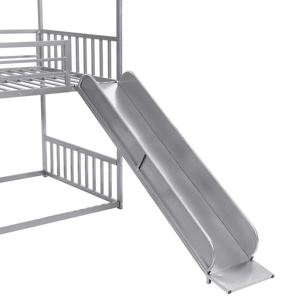 English Elm Twin Twin over Twin Metal Bunk Bed House with Slide & Stairs, Silver — Space-Saving Playful Modern Loft GX001117AAN