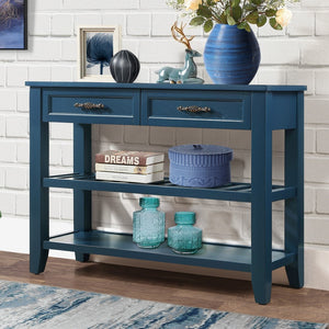 English Elm Console Sofa Table Solid Wood Distressed Finish Two Drawers Open Shelves Entryway Navy Blue W1202P360978