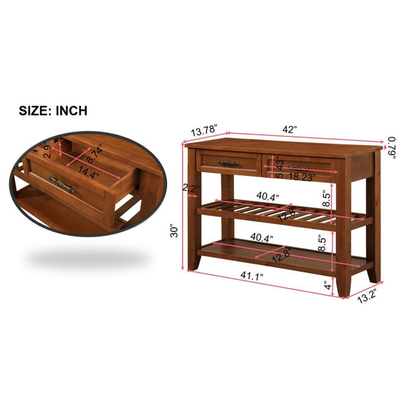 English Elm Console Sofa Table Solid Wood Distressed Finish Two Drawers Open Shelves Entryway Brown W1202P360979