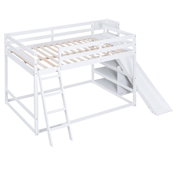 English Elm Full Full Bunk Bed with Ladder, Slide & Built-In Shelves — Space-Saving Pine Design for Kids Rooms White GX000428AAK