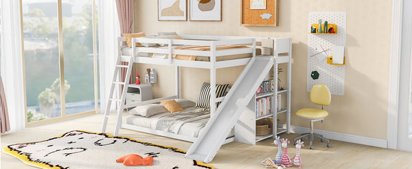 English Elm Full Full Bunk Bed with Ladder, Slide & Built-In Shelves — Space-Saving Pine Design for Kids Rooms White GX000428AAK