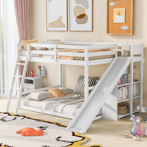 English Elm Full Full Bunk Bed with Ladder, Slide & Built-In Shelves — Space-Saving Pine Design for Kids Rooms White GX000428AAK