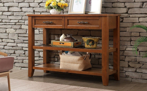 English Elm Console Sofa Table Solid Wood Distressed Finish Two Drawers Open Shelves Entryway Brown W1202P360979