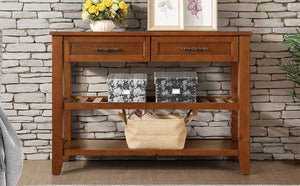 English Elm Console Sofa Table Solid Wood Distressed Finish Two Drawers Open Shelves Entryway Brown W1202P360979