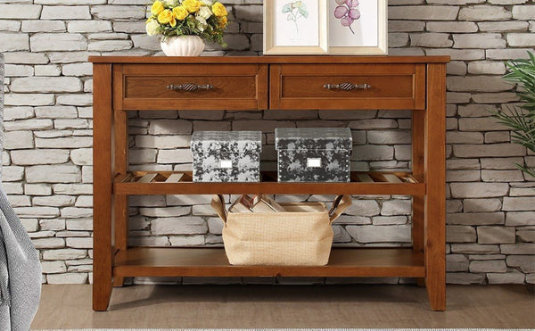 English Elm Console Sofa Table Solid Wood Distressed Finish Two Drawers Open Shelves Entryway Brown W1202P360979