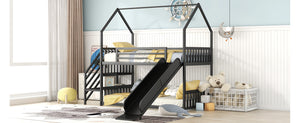 English Elm Twin Metal Bunk Bed House with Slide & Staircase, Black — Space-Saving Twin Loft, Sturdy Metal/MDF Fun Room GX001117AAB