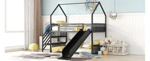 English Elm Twin Metal Bunk Bed House with Slide & Staircase, Black — Space-Saving Twin Loft, Sturdy Metal/MDF Fun Room GX001117AAB