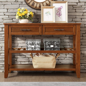 English Elm Console Sofa Table Solid Wood Distressed Finish Two Drawers Open Shelves Entryway Brown W1202P360979