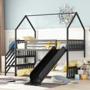 English Elm Twin Metal Bunk Bed House with Slide & Staircase, Black — Space-Saving Twin Loft, Sturdy Metal/MDF Fun Room GX001117AAB