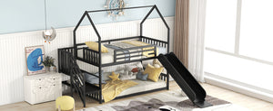 English Elm Twin Metal Bunk Bed House with Slide & Staircase, Black — Space-Saving Twin Loft, Sturdy Metal/MDF Fun Room GX001117AAB