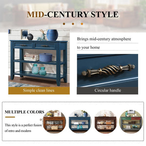 English Elm Console Sofa Table Solid Wood Distressed Finish Two Drawers Open Shelves Entryway Navy Blue W1202P360978
