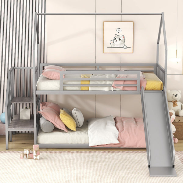 English Elm Twin Twin over Twin Metal Bunk Bed House with Slide & Stairs, Silver — Space-Saving Playful Modern Loft GX001117AAN