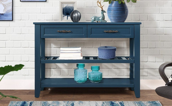 English Elm Console Sofa Table Solid Wood Distressed Finish Two Drawers Open Shelves Entryway Navy Blue W1202P360978
