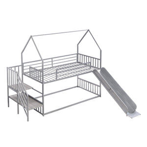 English Elm Twin Twin over Twin Metal Bunk Bed House with Slide & Stairs, Silver — Space-Saving Playful Modern Loft GX001117AAN