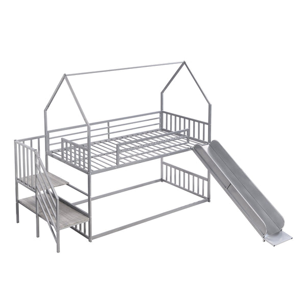 English Elm Twin Twin over Twin Metal Bunk Bed House with Slide & Stairs, Silver — Space-Saving Playful Modern Loft GX001117AAN