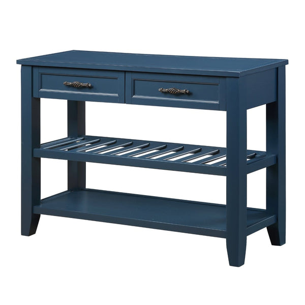 English Elm Console Sofa Table Solid Wood Distressed Finish Two Drawers Open Shelves Entryway Navy Blue W1202P360978