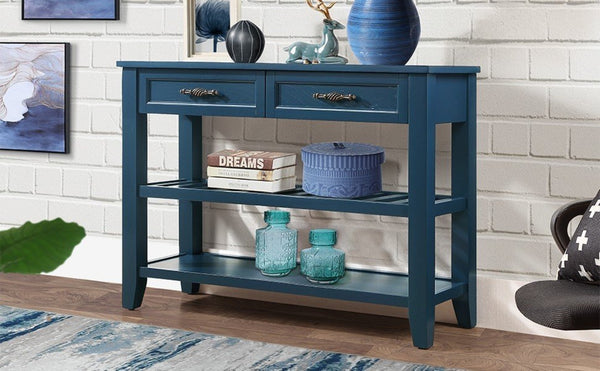 English Elm Console Sofa Table Solid Wood Distressed Finish Two Drawers Open Shelves Entryway Navy Blue W1202P360978