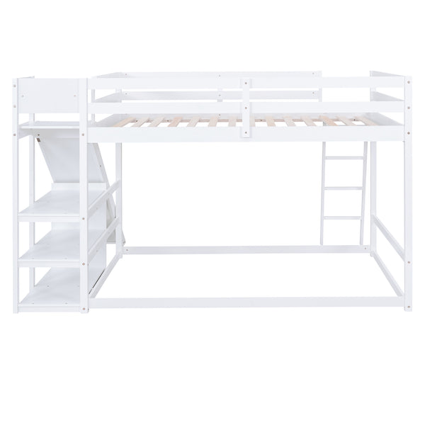 English Elm Full Full Bunk Bed with Ladder, Slide & Built-In Shelves — Space-Saving Pine Design for Kids Rooms White GX000428AAK