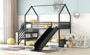 English Elm Twin Metal Bunk Bed House with Slide & Staircase, Black — Space-Saving Twin Loft, Sturdy Metal/MDF Fun Room GX001117AAB