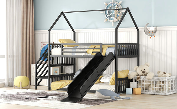 English Elm Twin Metal Bunk Bed House with Slide & Staircase, Black — Space-Saving Twin Loft, Sturdy Metal/MDF Fun Room GX001117AAB