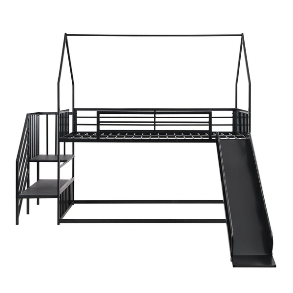 English Elm Twin Metal Bunk Bed House with Slide & Staircase, Black — Space-Saving Twin Loft, Sturdy Metal/MDF Fun Room GX001117AAB