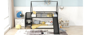 English Elm Twin Metal Bunk Bed House with Slide & Staircase, Black — Space-Saving Twin Loft, Sturdy Metal/MDF Fun Room GX001117AAB